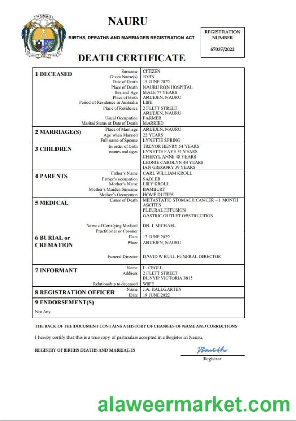 Nauru death certificate Word and PDF template